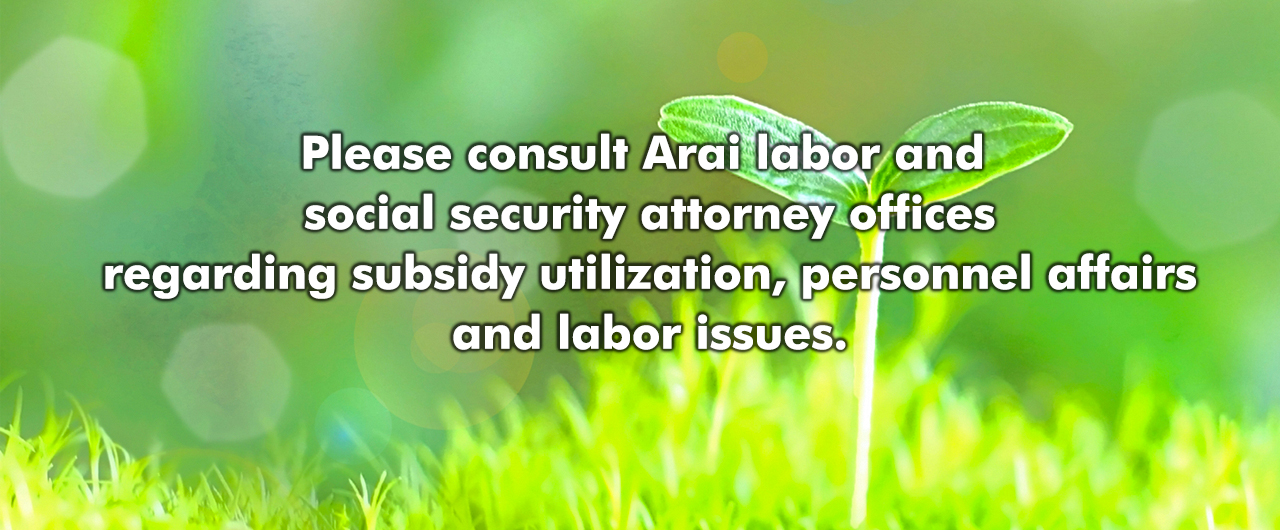Please consult Arai labor and social security attorney offices regarding subsidy utilization, personnel affairs and labor issues.